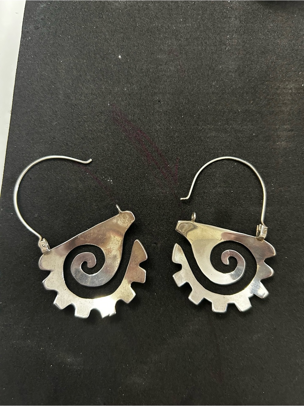 Vintage Tribal Ethnic Glyph Sterling Silver Spiral Gear Drop Earrings - Women - Picture 4 of 4
